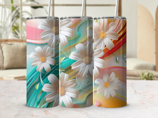 Three tumblers with floral design and colorful abstract background.