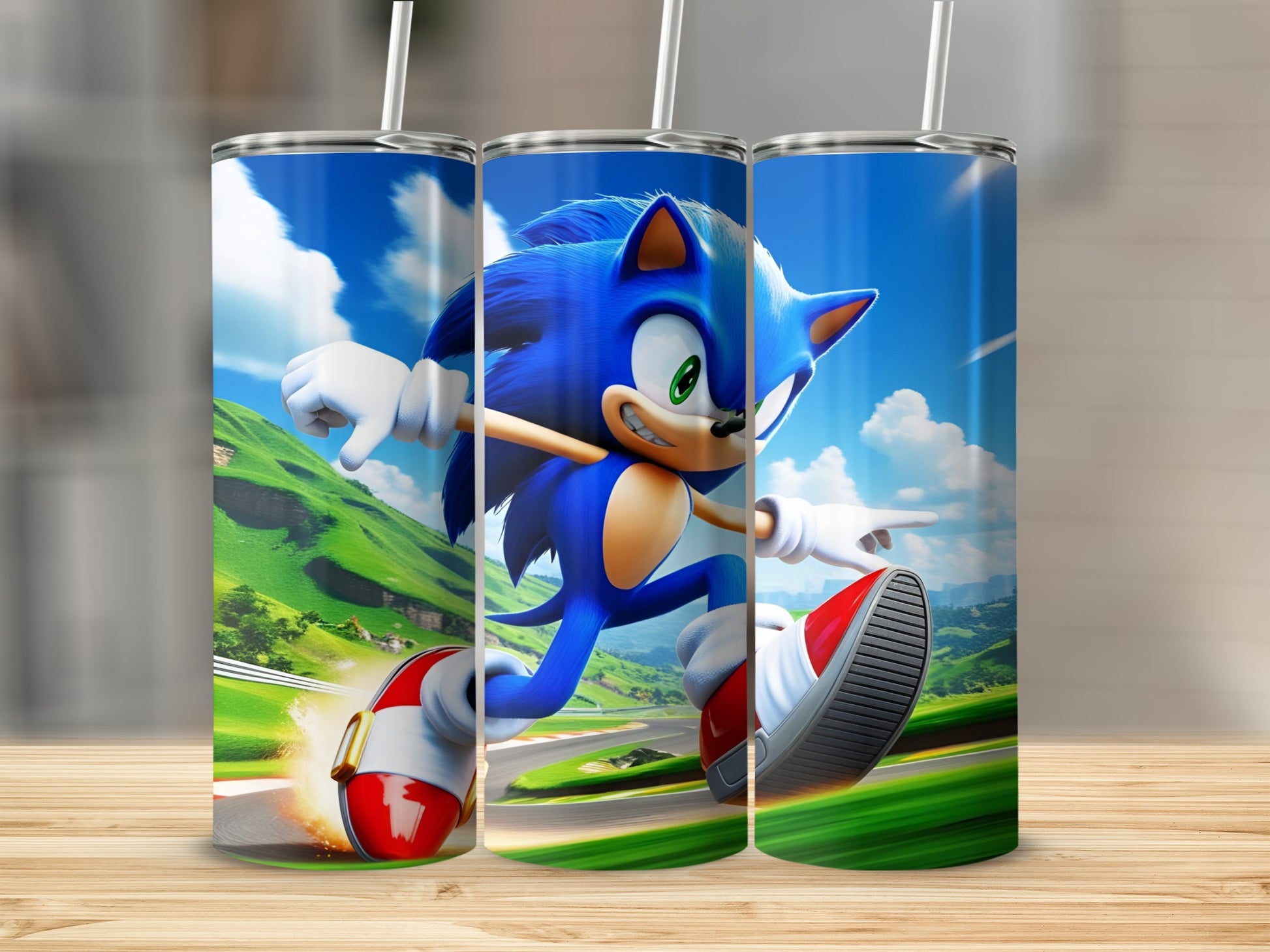 Sonic the Hedgehog running on a racetrack, blue sky background.