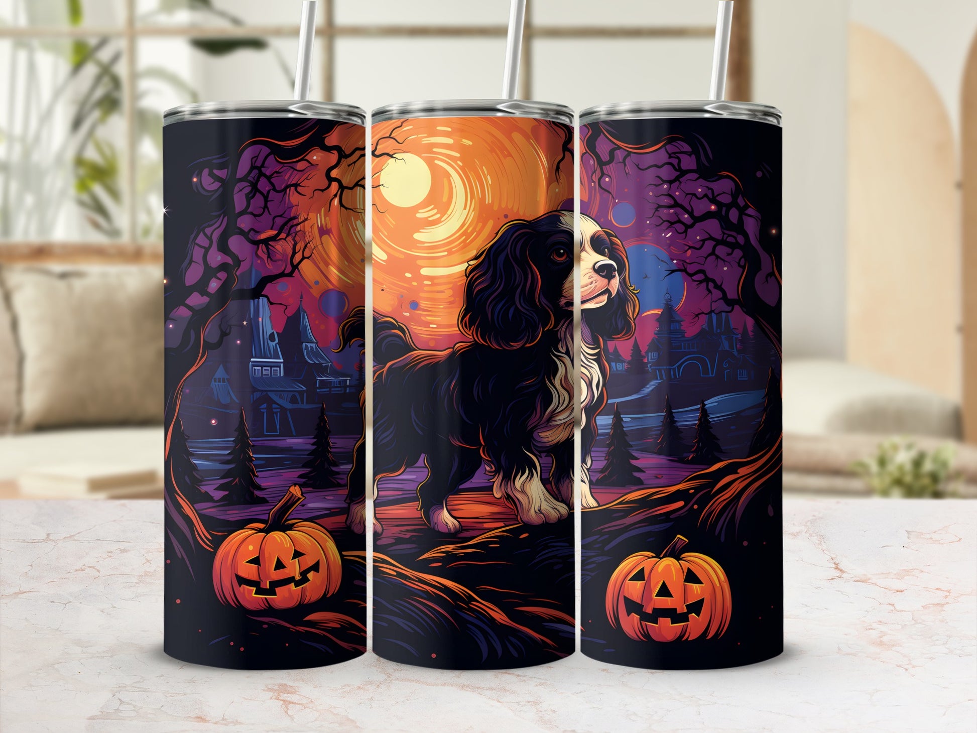 Halloween tumbler with a black and white dog, spooky trees, pumpkins, and a large moon.
