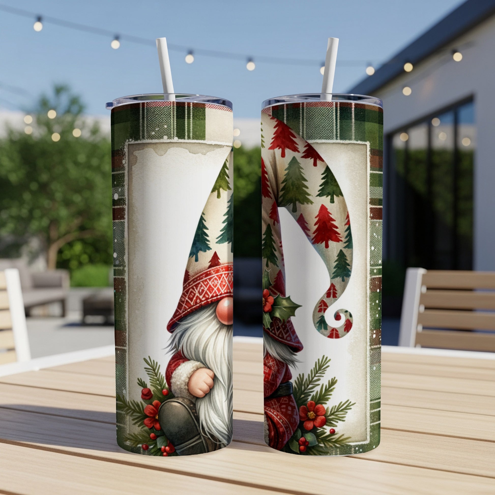 Two festive gnomes with red hats and green tree patterns on a white background.