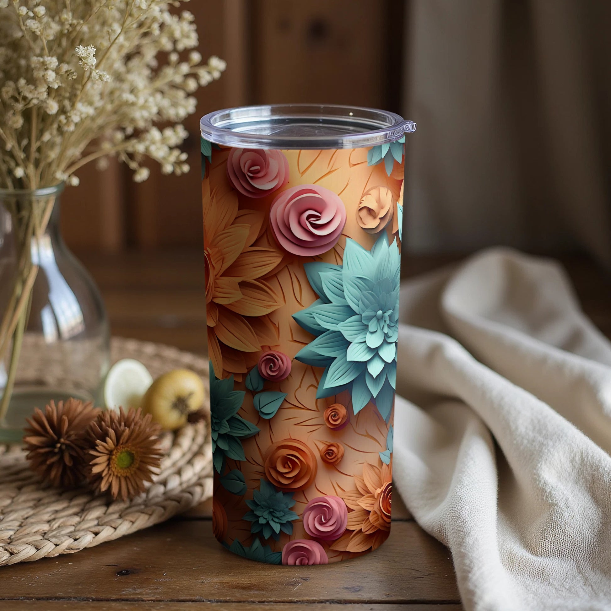 Floral Pattern Colorful Insulated Tumbler with Lid