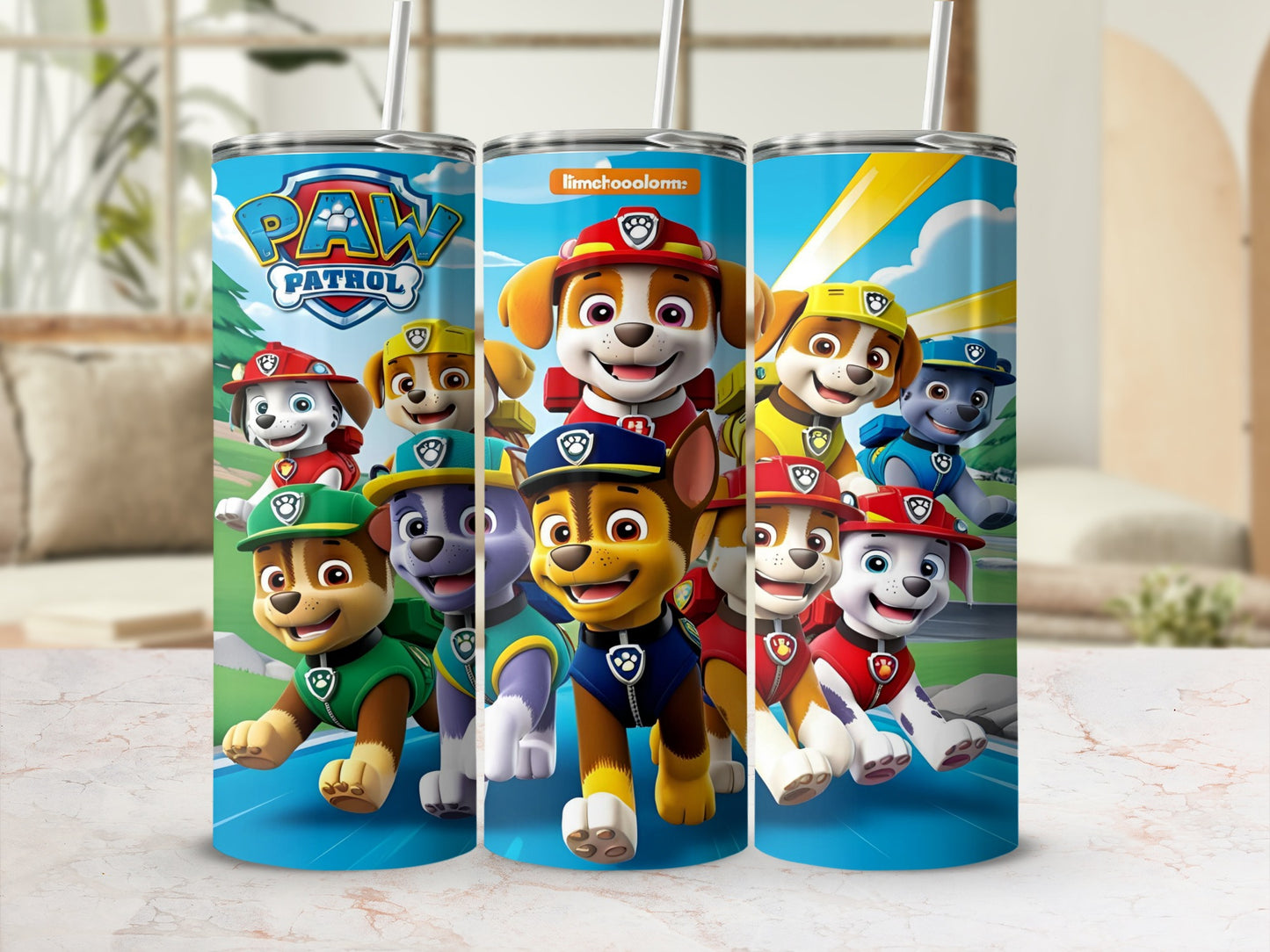 Paw Patrol characters running across a blue and yellow background.