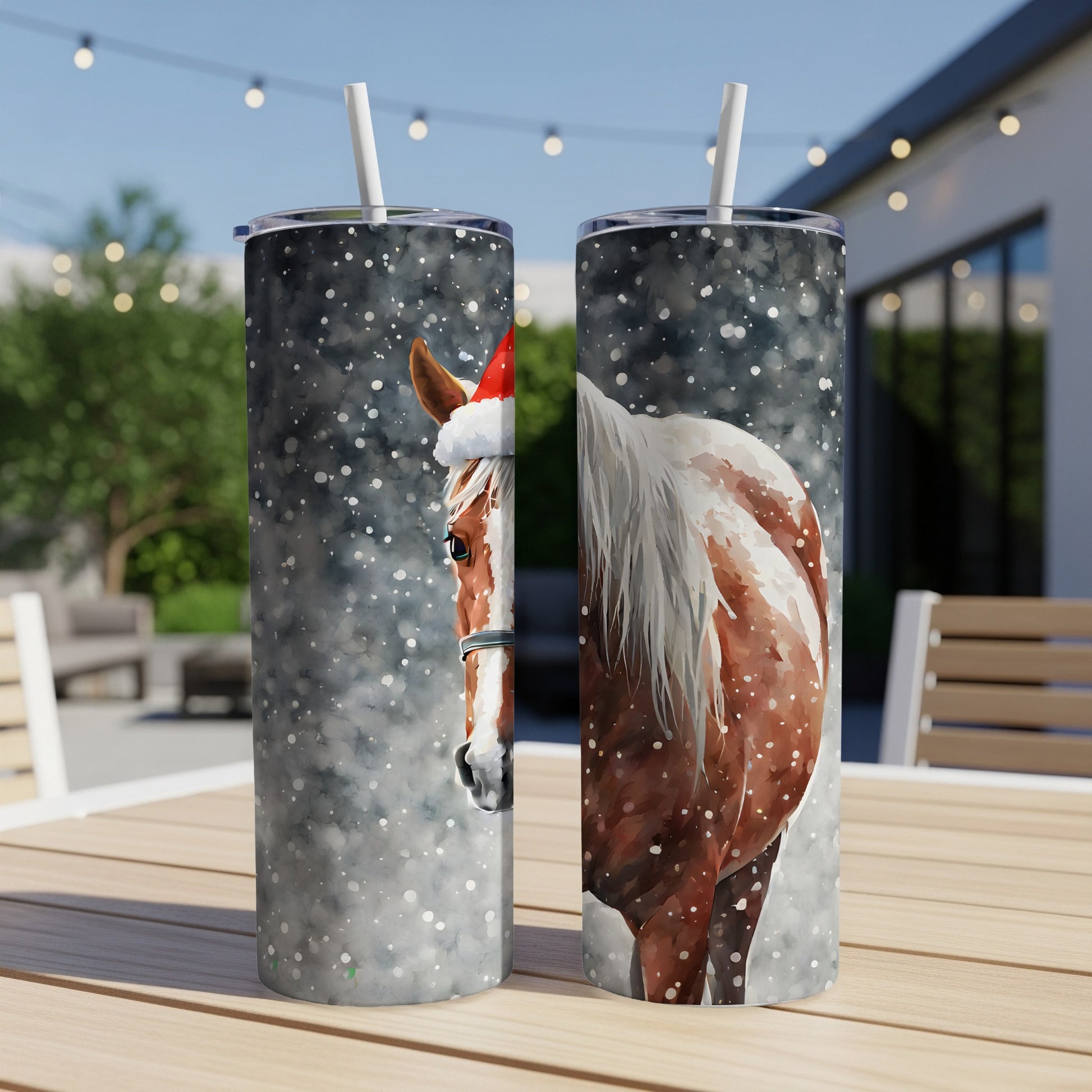 Appaloosa horse wearing Santa hat in watercolor style with falling snow.
