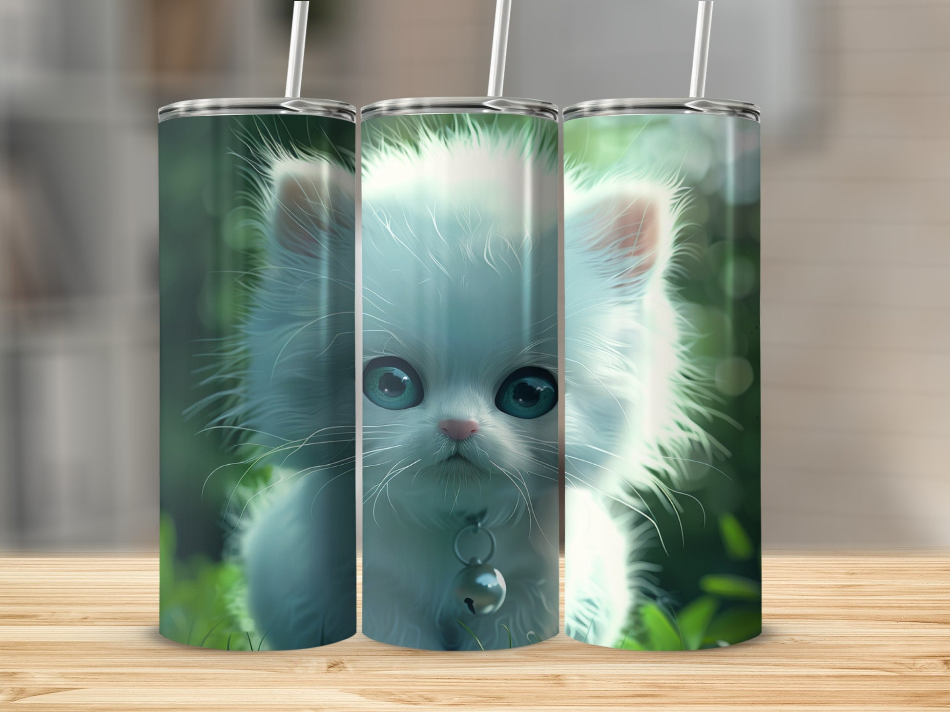 Fluffy white kitten with bright blue eyes and a bell collar.