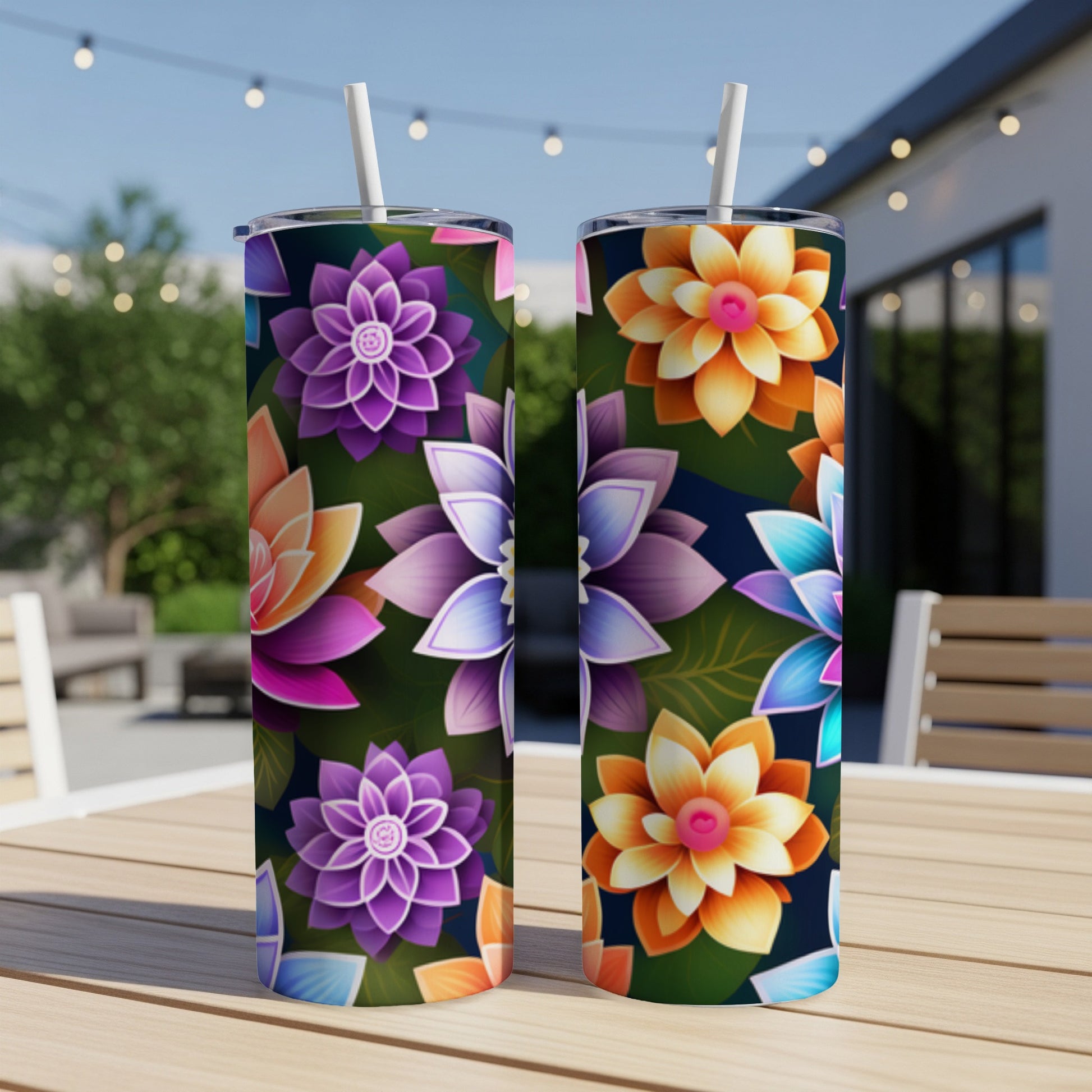 Two tumblers with colorful floral patterns sitting on a wooden table outdoors.