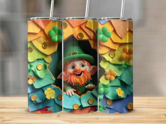 St. Patrick's Day tumbler with smiling leprechaun peeking through shamrock leaves.