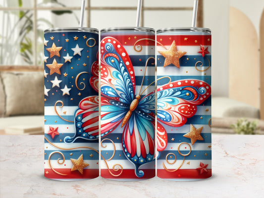 Red, white, and blue butterfly and stars patriotic tumbler.