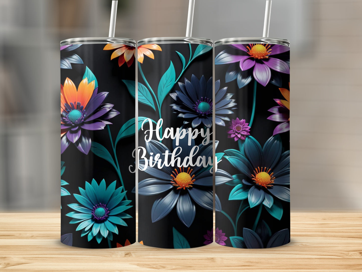 Three tumblers with a dark background and colorful floral designs, "Happy Birthday" text.