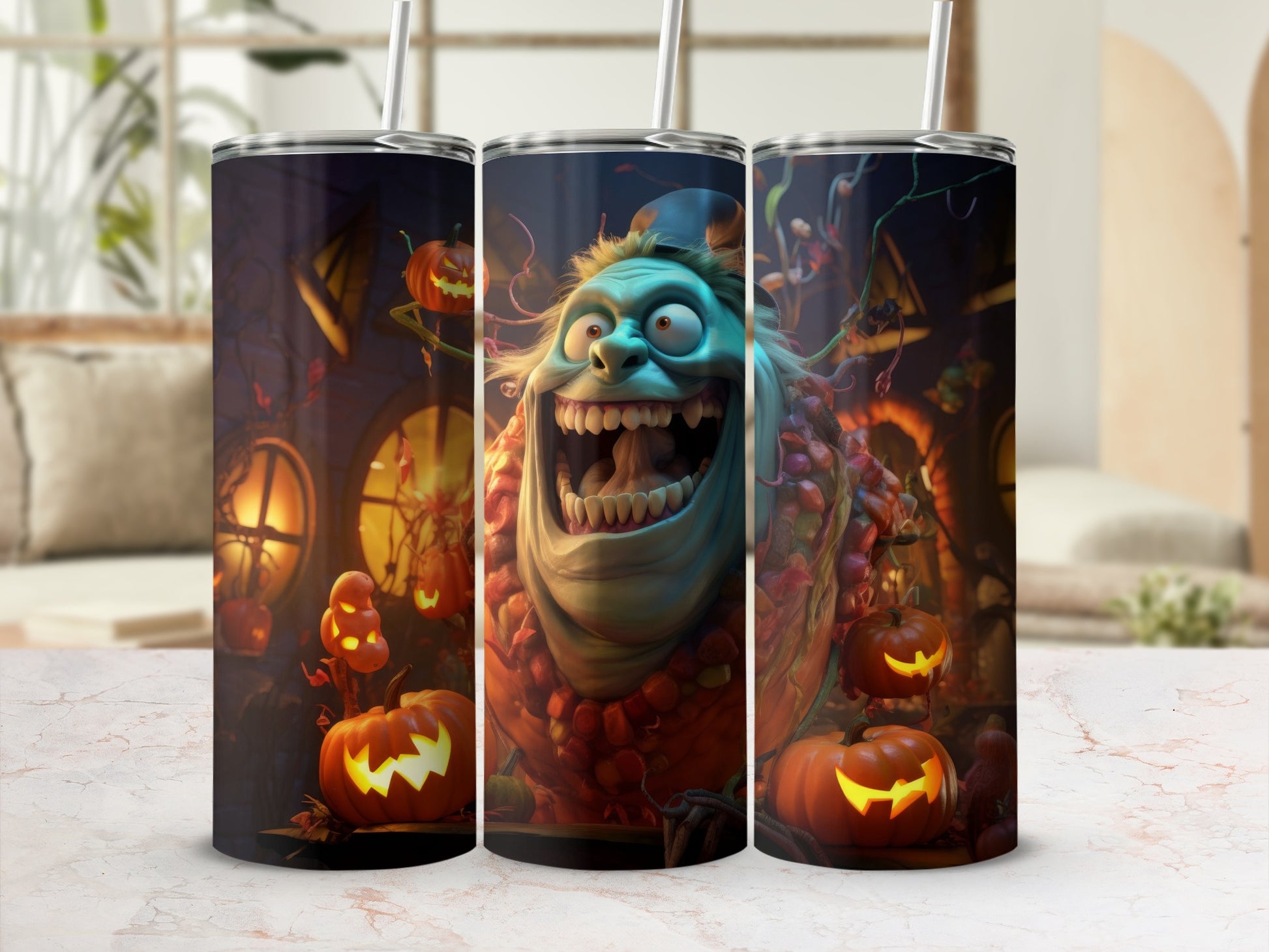 Halloween tumbler featuring a cartoon monster with pumpkins and spooky decor.