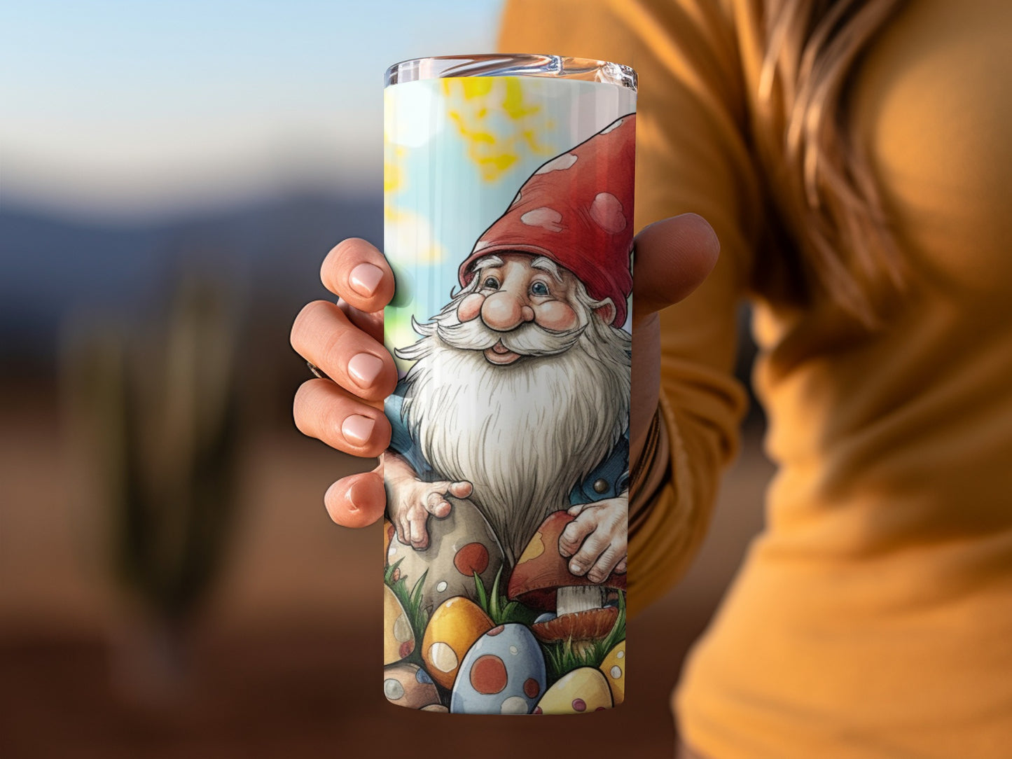 Gnome Printed Tumbler with Colorful Easter Eggs Art