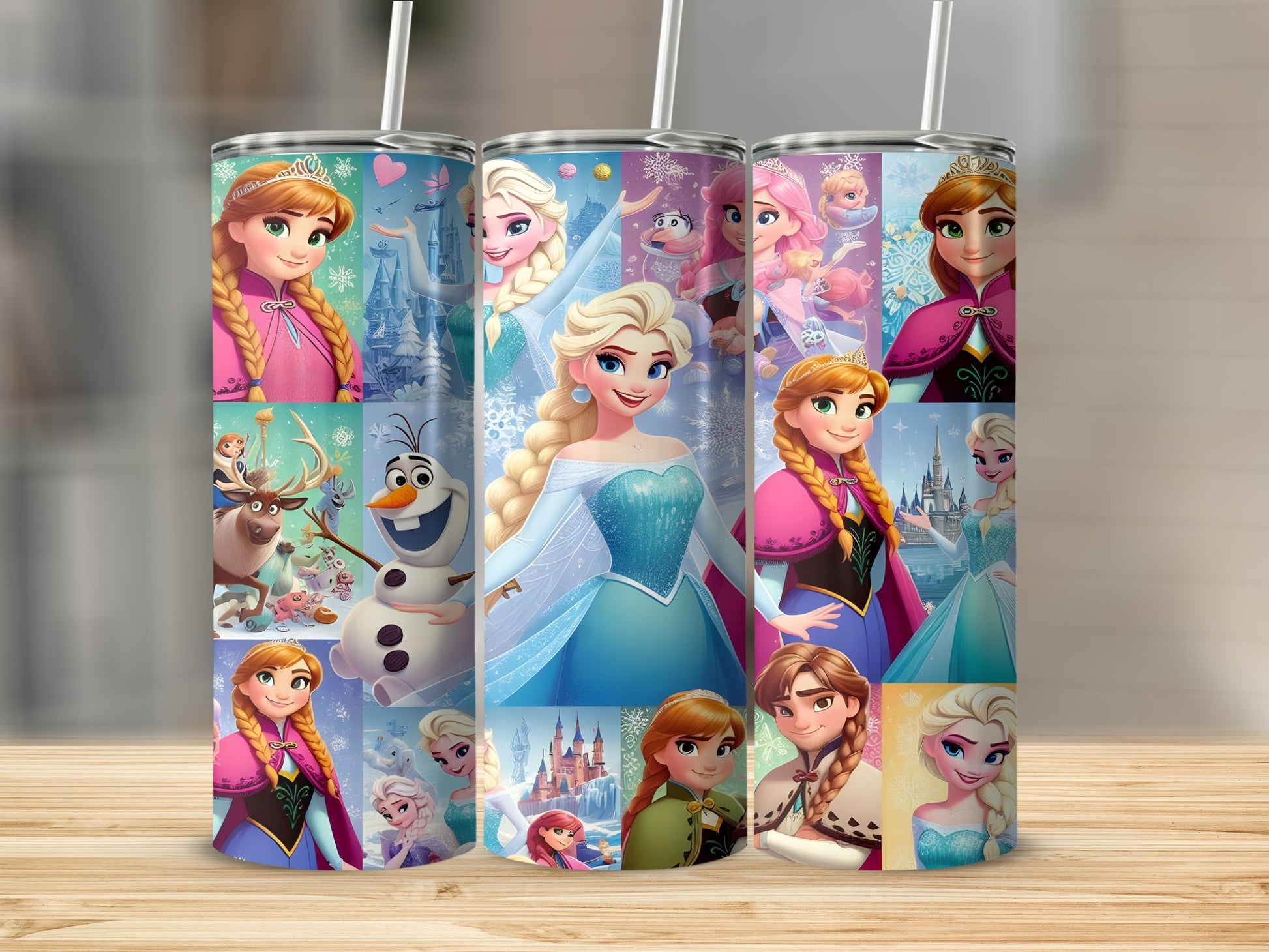 Frozen characters Elsa and Anna on a tumbler with a patterned background.