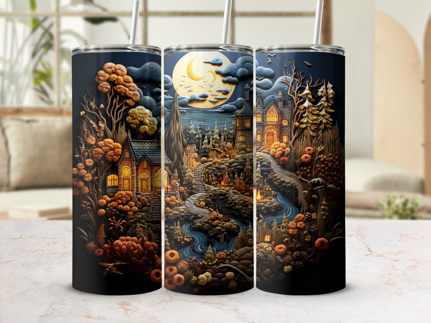 Tall tumblers feature a dark, gothic Halloween scene with haunted houses and pumpkins.