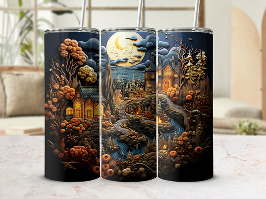 Tall tumblers feature a dark, gothic Halloween scene with haunted houses and pumpkins.