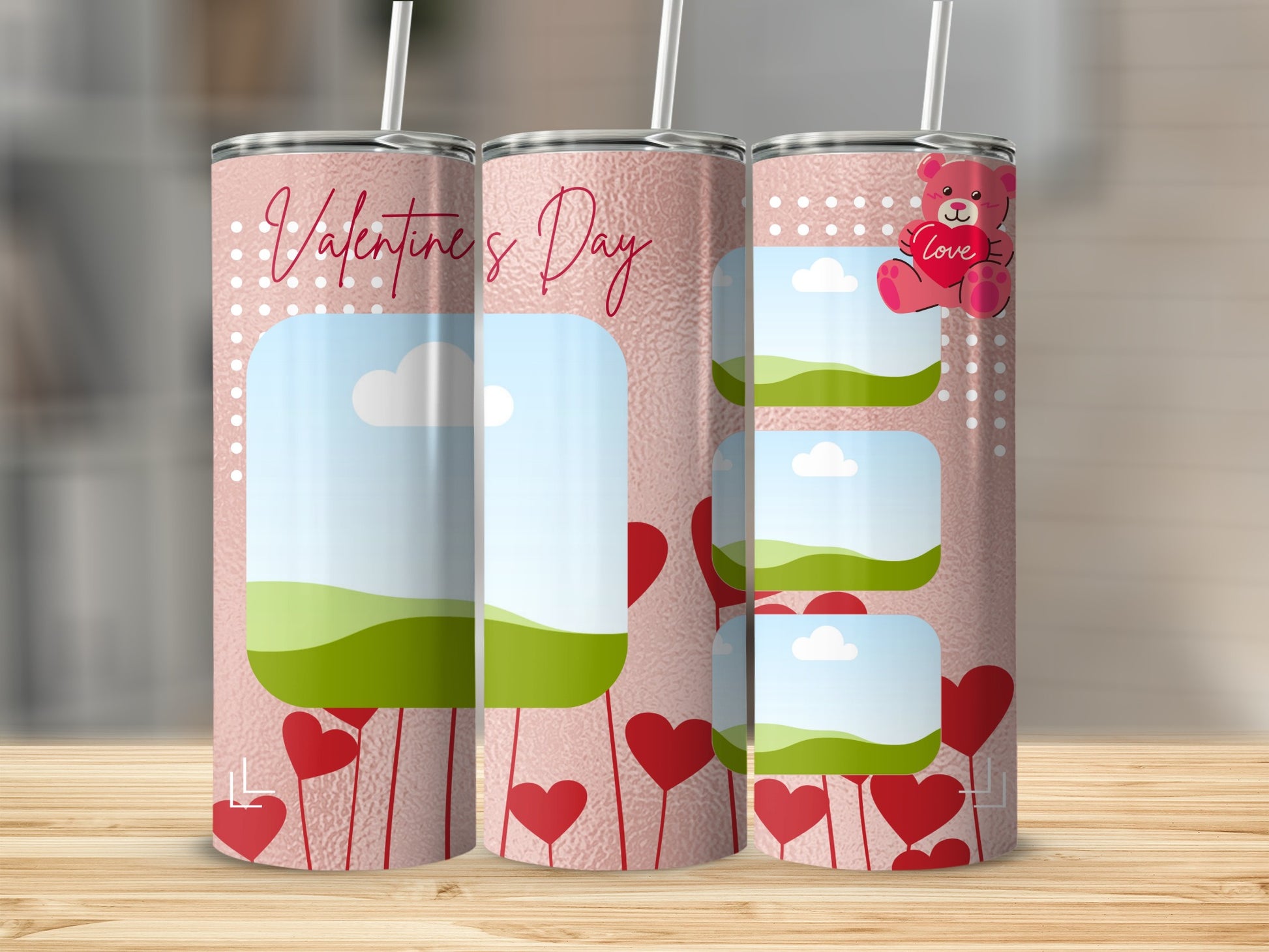 Valentine's Day tumbler with pink hearts, white polka dots, and space for photos.