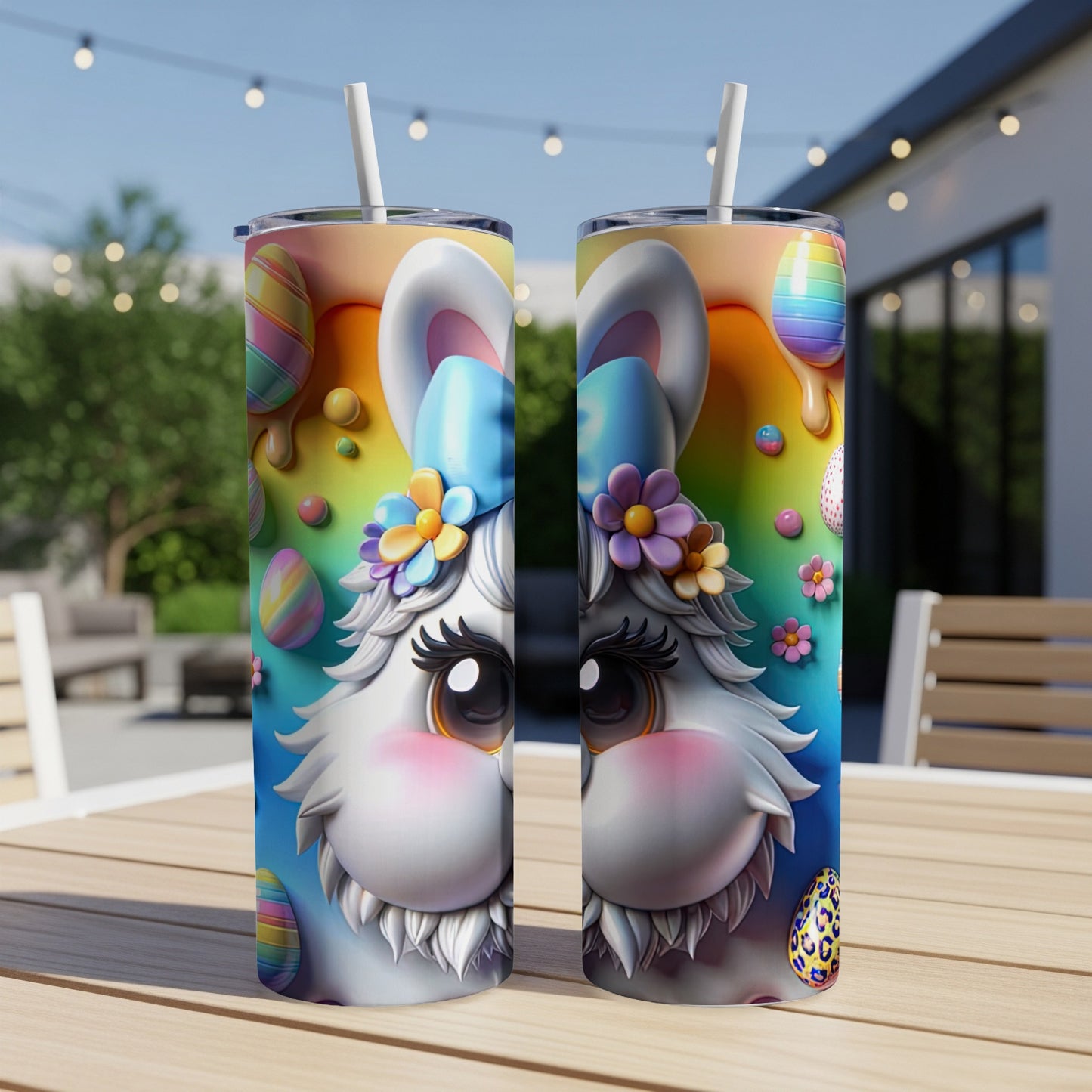 White bunny face with rainbow drips and Easter eggs on a tumbler.