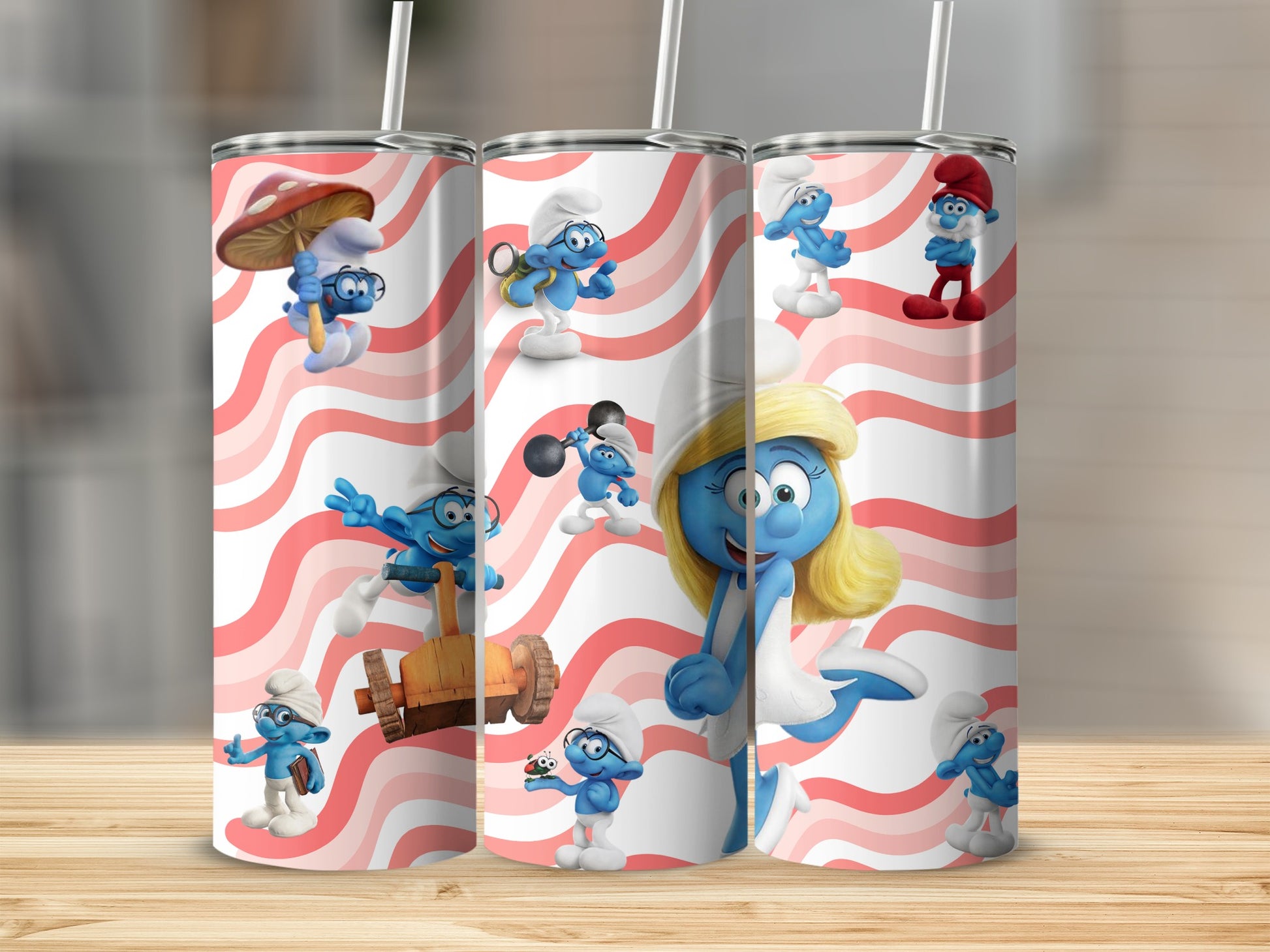Smurf Characters with Red Wavy Background tumbler