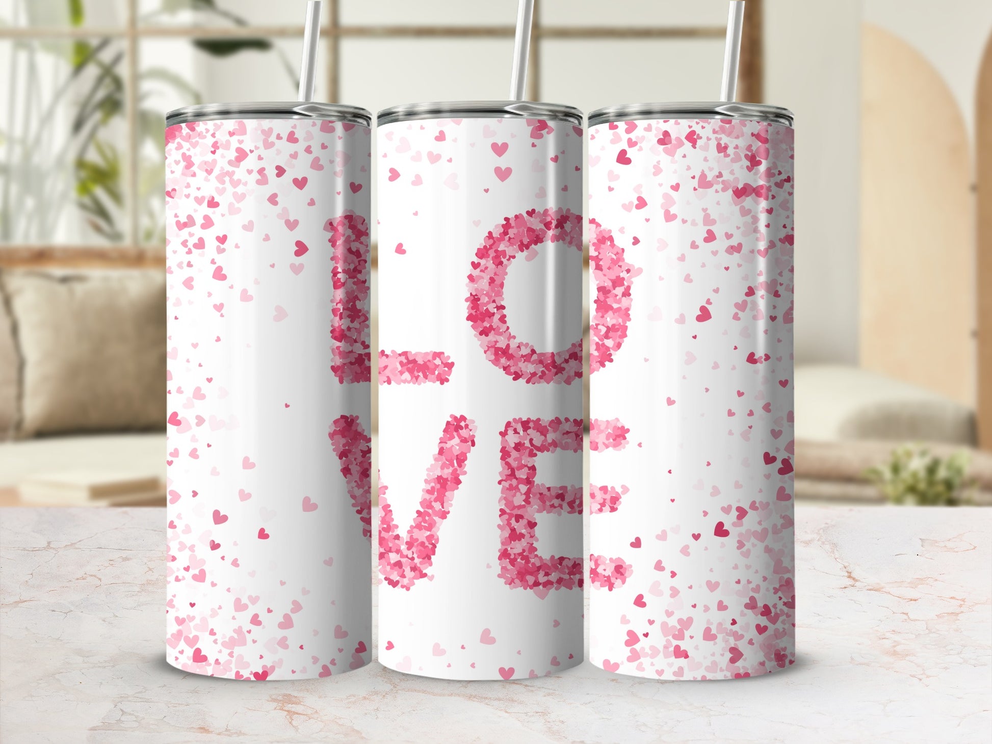 Love Pattern Tumbler With Pink Heart Confetti