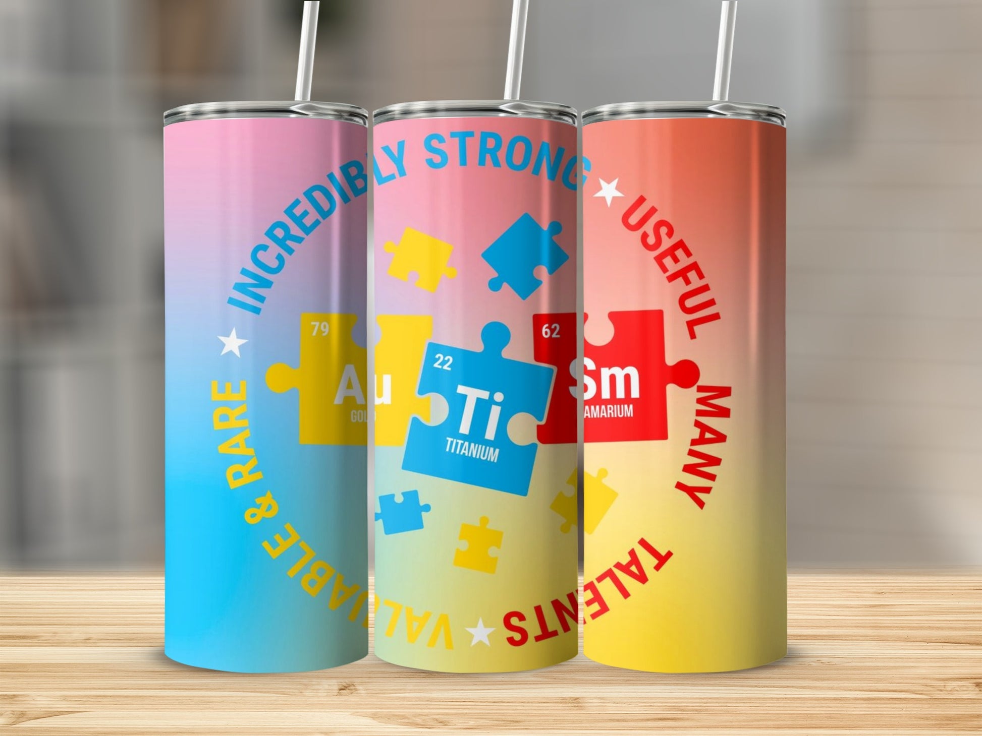 Colorful Puzzle Themed Tumblers with Unique Element Designs