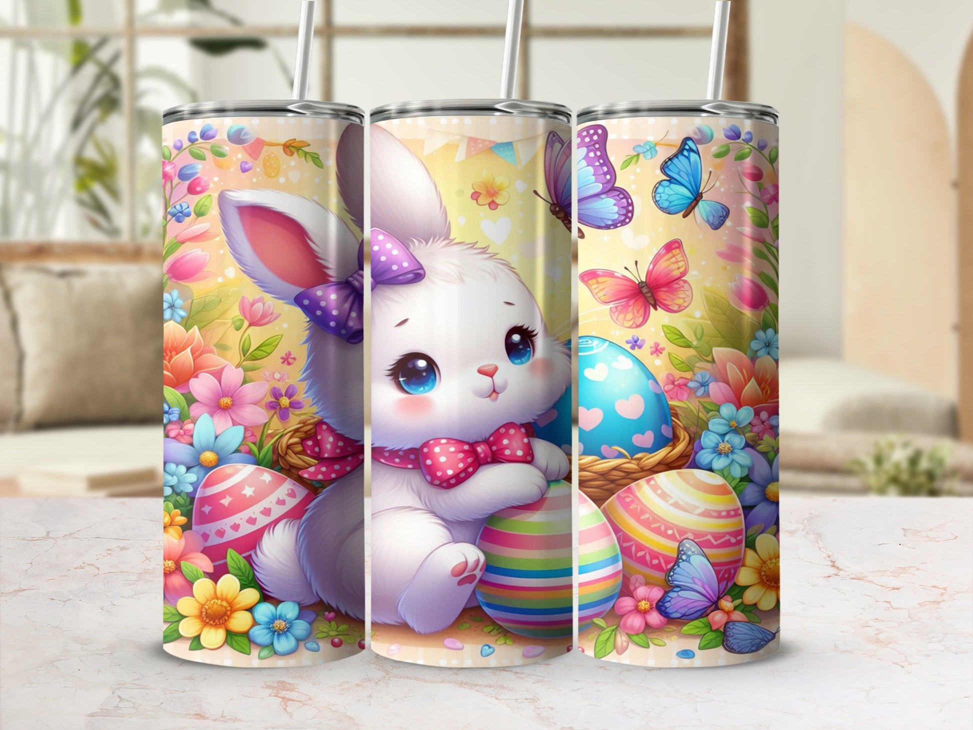 Cute Easter bunny with colorful eggs and butterflies.