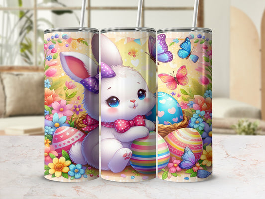 Cute Easter bunny with colorful eggs and butterflies.