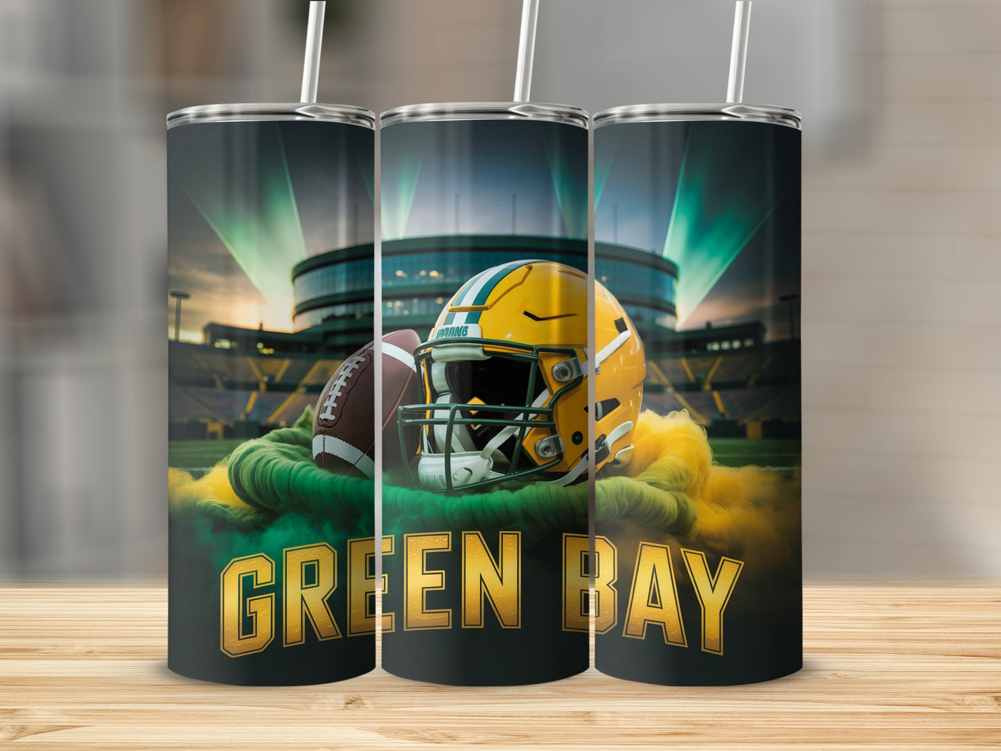 Green Bay Packers football helmet and ball with stadium background.