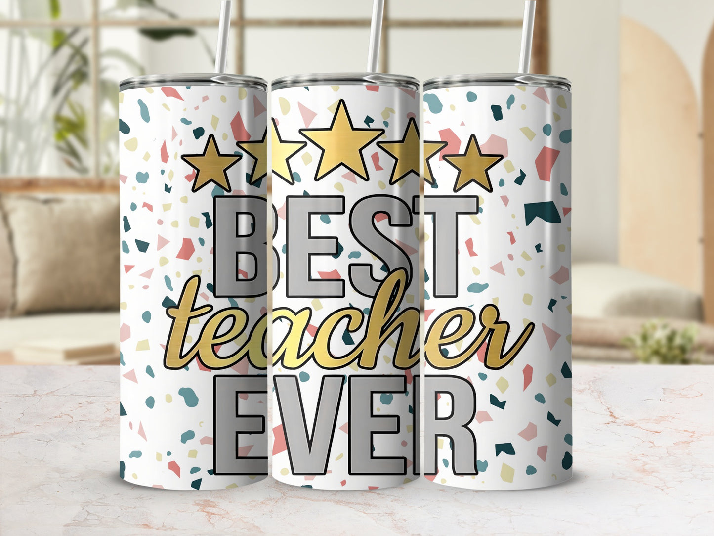 Best Teacher Ever Confetti Stars Tumbler Gift