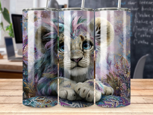 Adorable Blue Eyed Lion Cub with Floral Background Tumbler