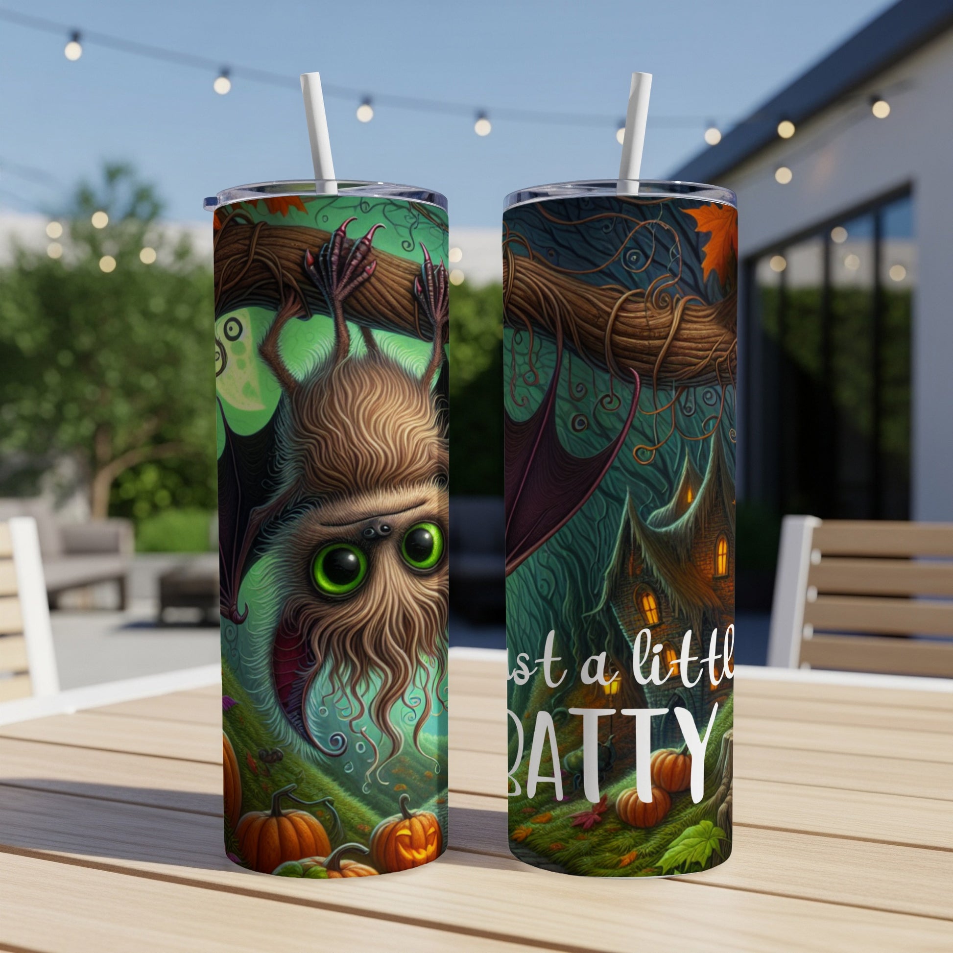 Two tumblers with a Halloween bat design and pumpkins, one reads "just a little batty".