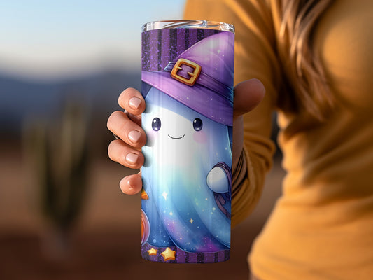 Cute Ghost with Witch Hat Tumbler Halloween Design