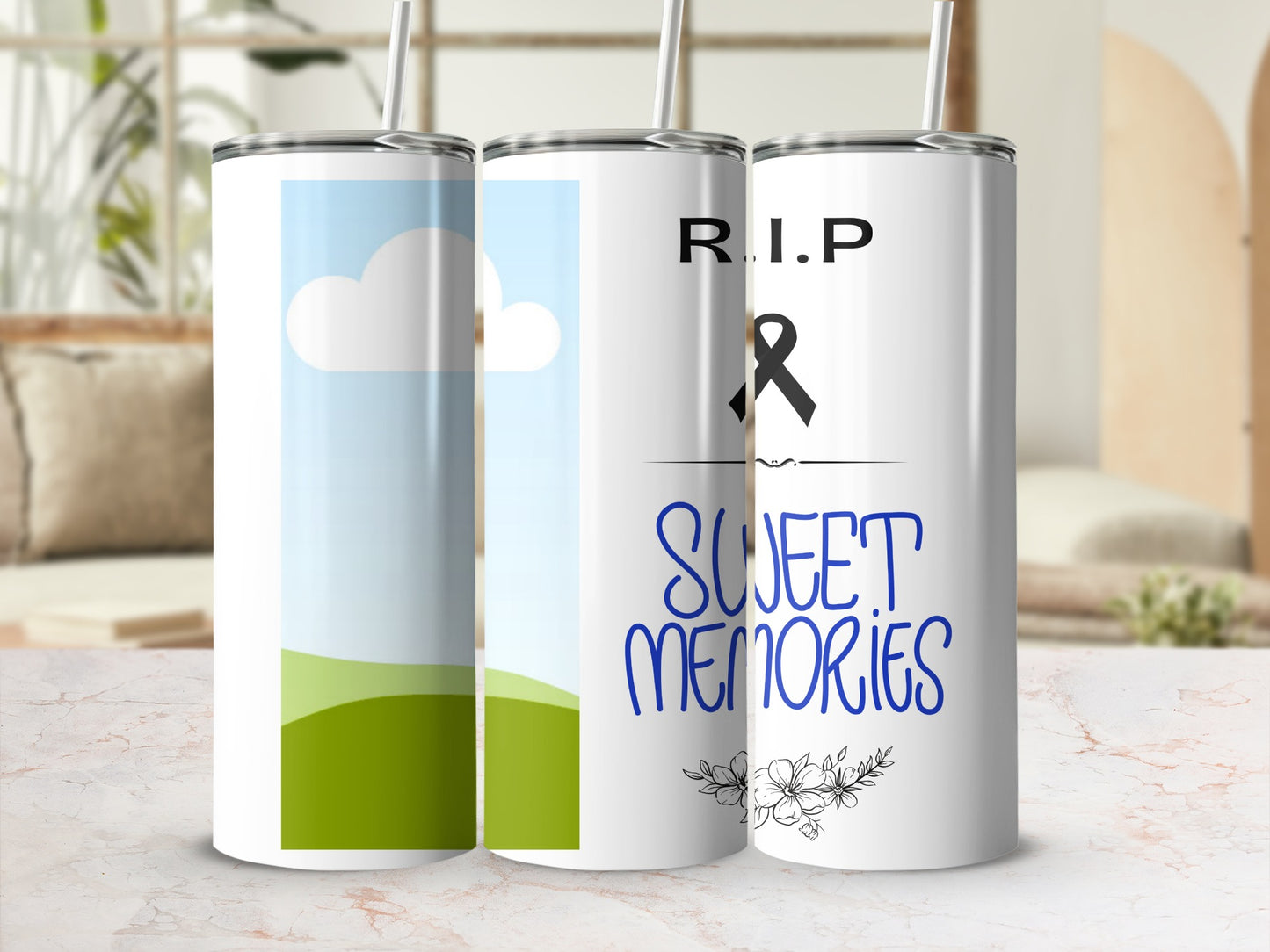 Tumbler with "R.I.P. & SWEET MEMORIES" and a black ribbon design.
