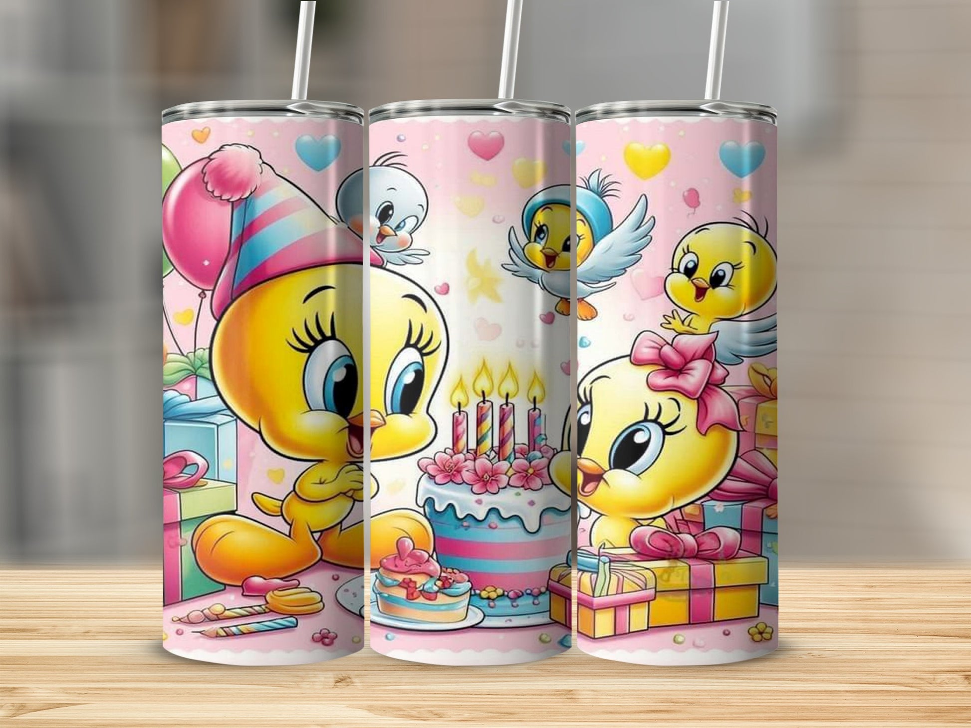 Cute Cartoon Birds Celebrating Birthday on Tumbler Cup