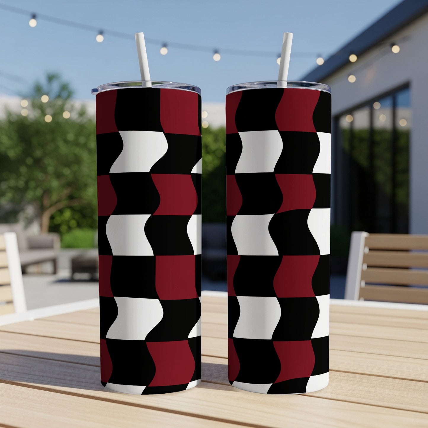 Two tumblers with a wavy checkerboard pattern of red, white, and black.