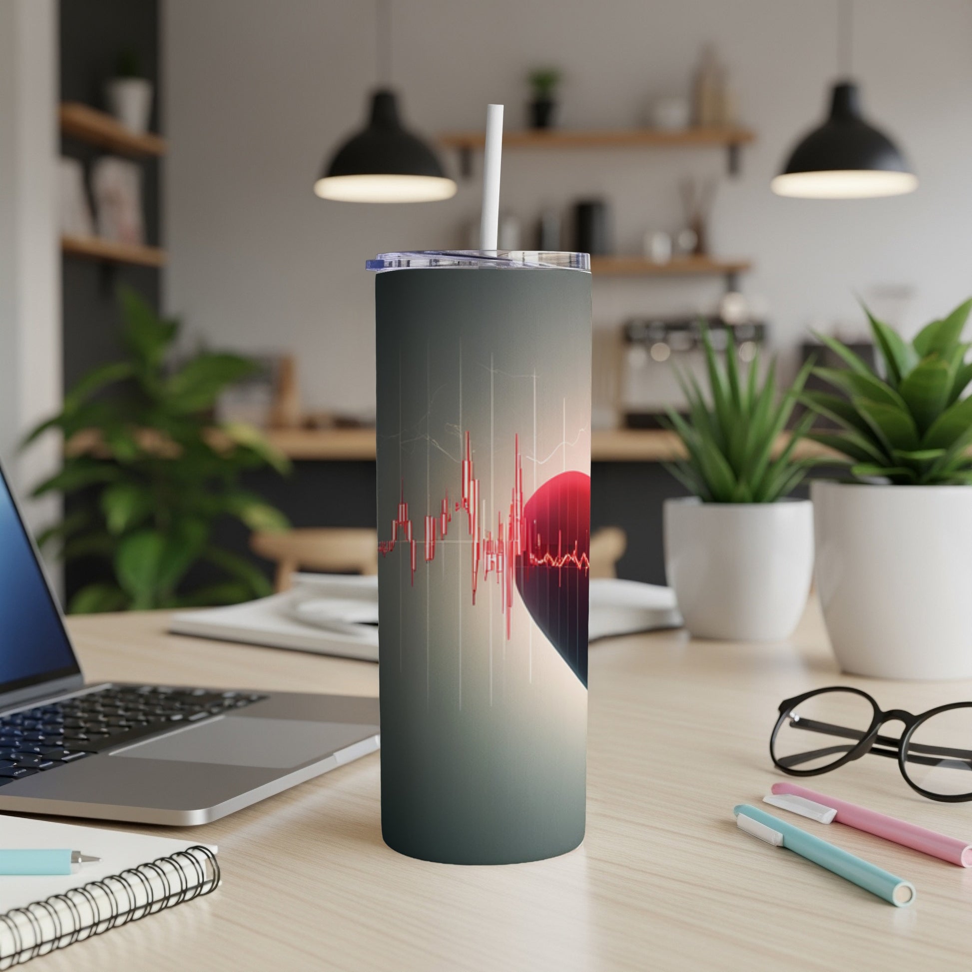 Tumbler with red heart and heartbeat graph on gray background.