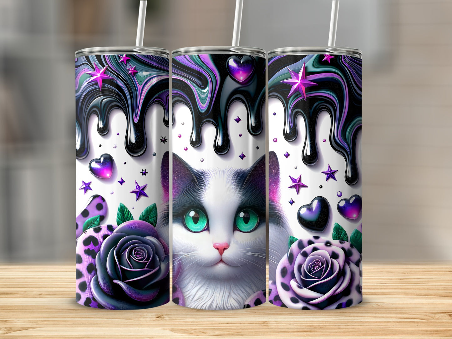 Cute cat with green eyes and purple galaxy-themed design on a tumbler.