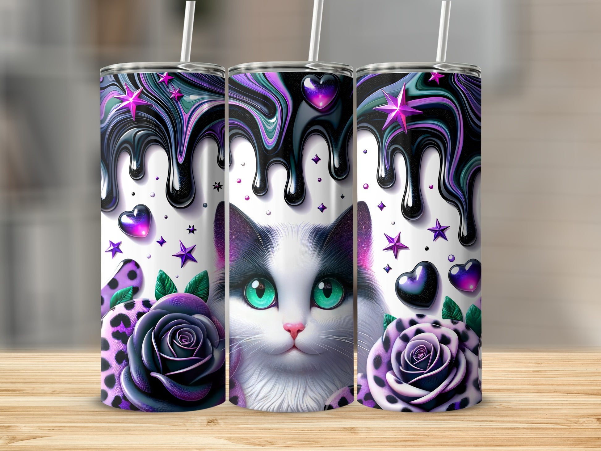 Cute cat with green eyes and purple galaxy-themed design on a tumbler.