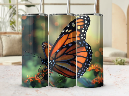 Monarch butterfly with orange and black wings on orange flowers.