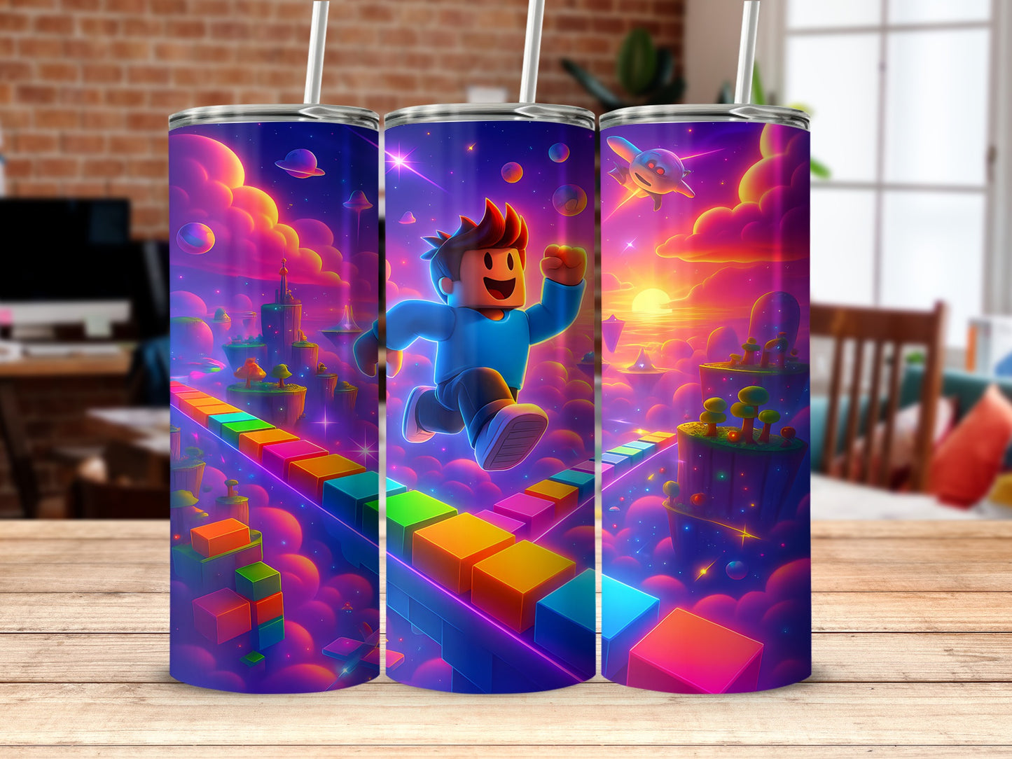 Colorful Gamer Character with Pixelated Path Tumbler