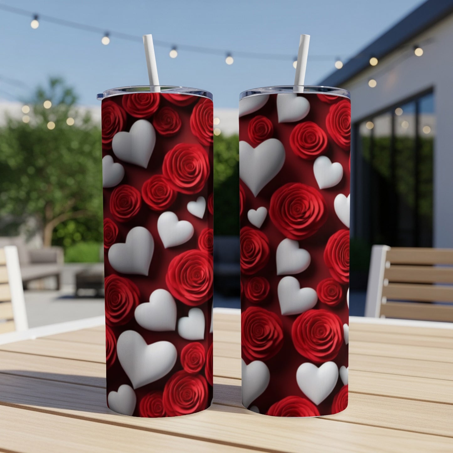 Two tumblers with red roses and white hearts pattern.