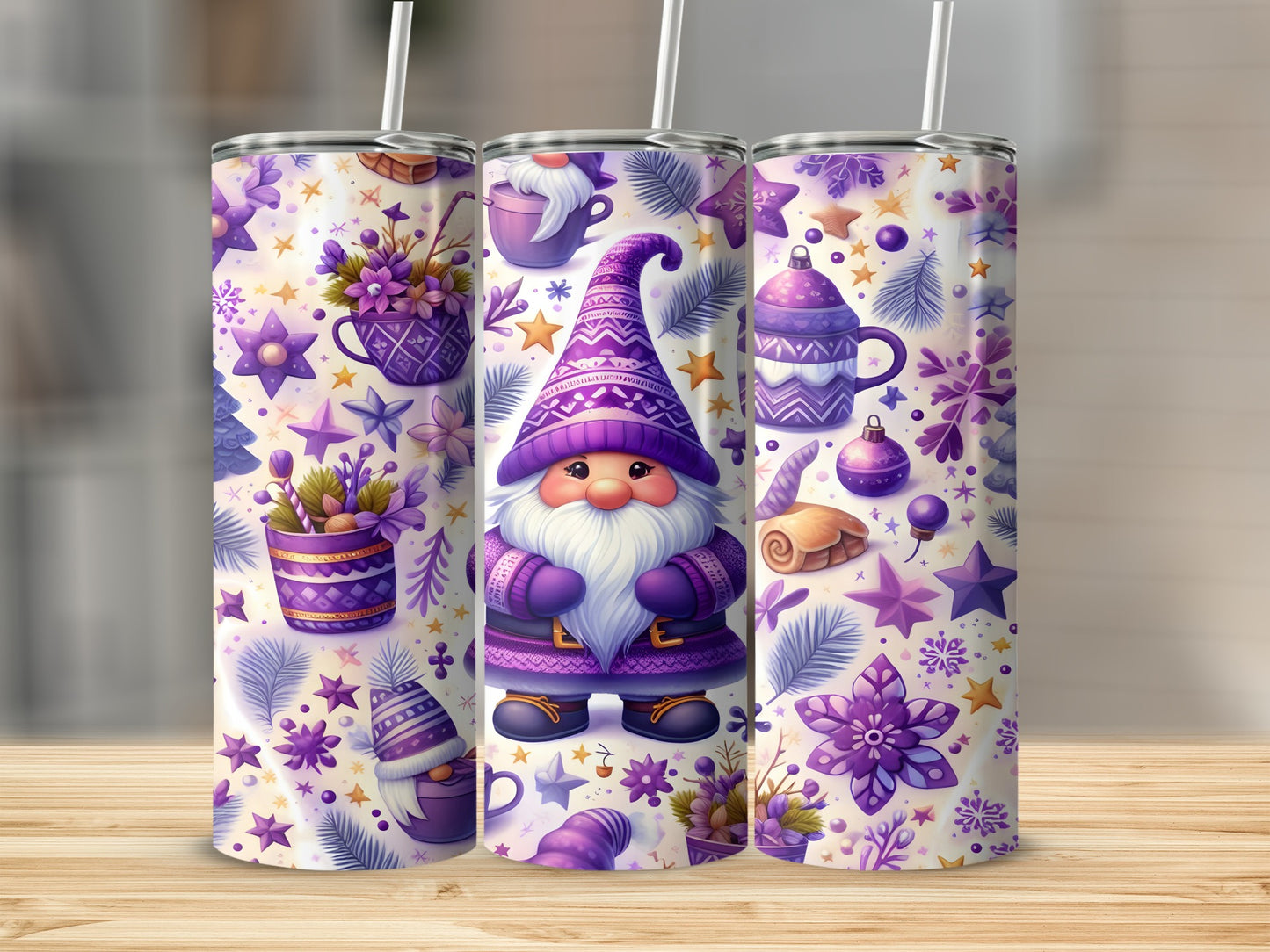 Purple Gnome Design Snowflake Stars Pattern Tumbler product type