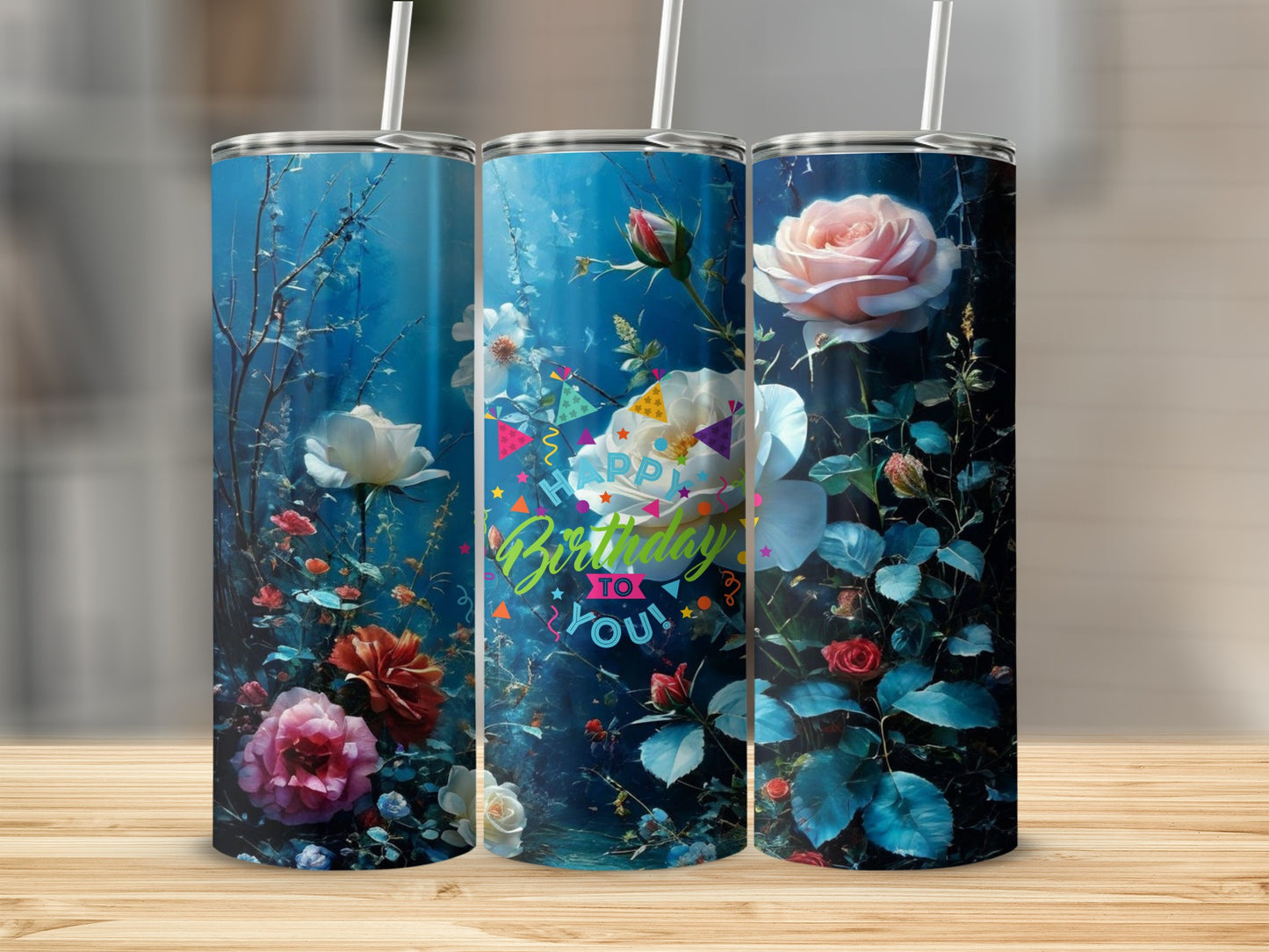 Blue floral tumbler with "Happy Birthday to You" confetti.
