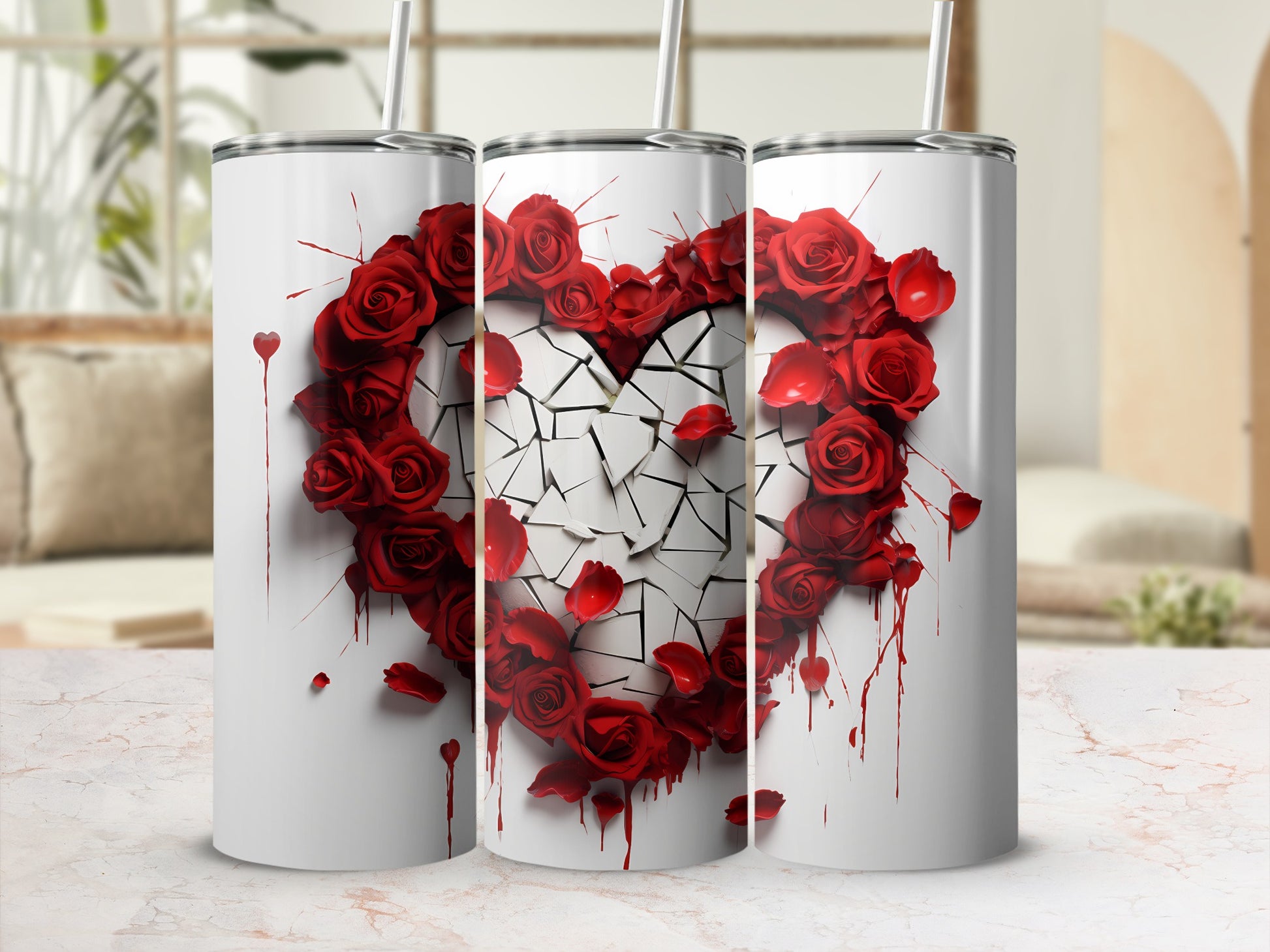 Cracked Heart Design with Red Roses Tumbler Cup