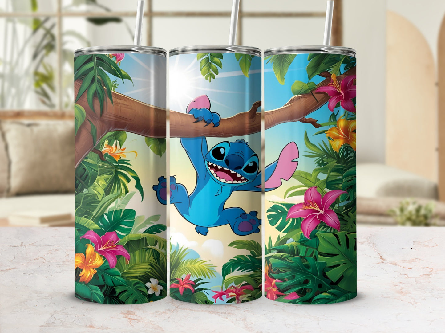 Stitch hanging from a branch with tropical foliage and flowers.