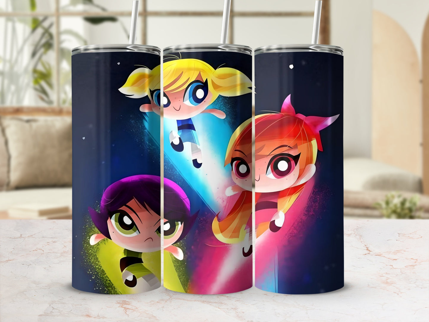 Vibrant Powerpuff Girls Metal Tumbler with Straw