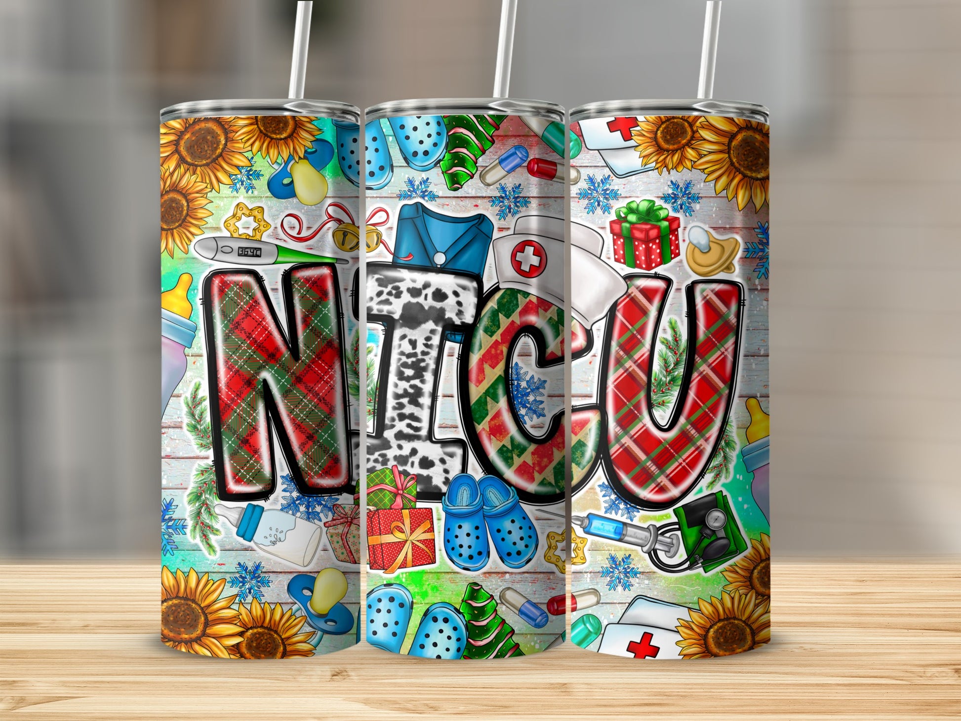 Nicu tumbler with festive holiday and baby medical icons.