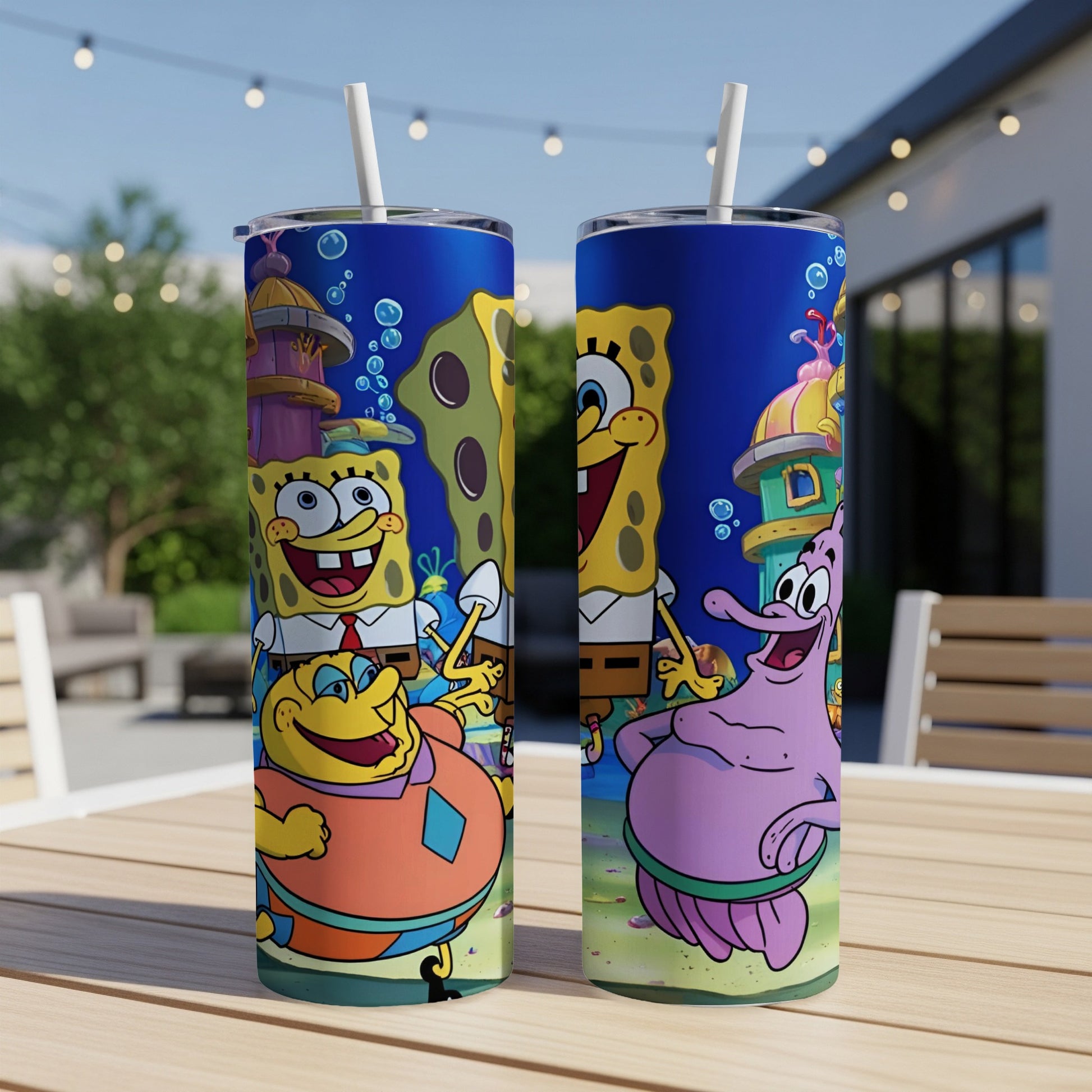 SpongeBob SquarePants and Patrick Star on a blue background with cartoon buildings.