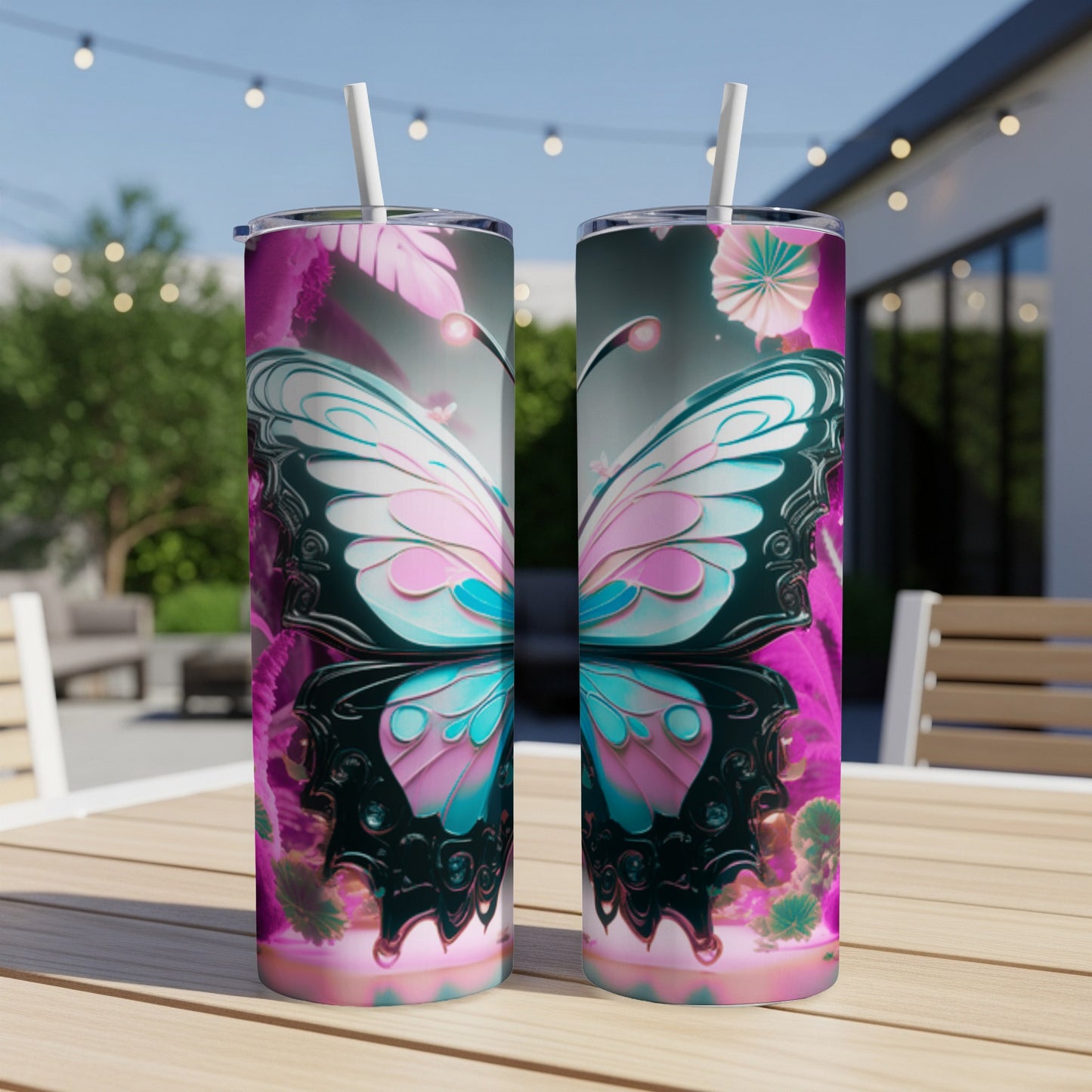 Two tumblers featuring a iridescent butterfly wing design on a table.