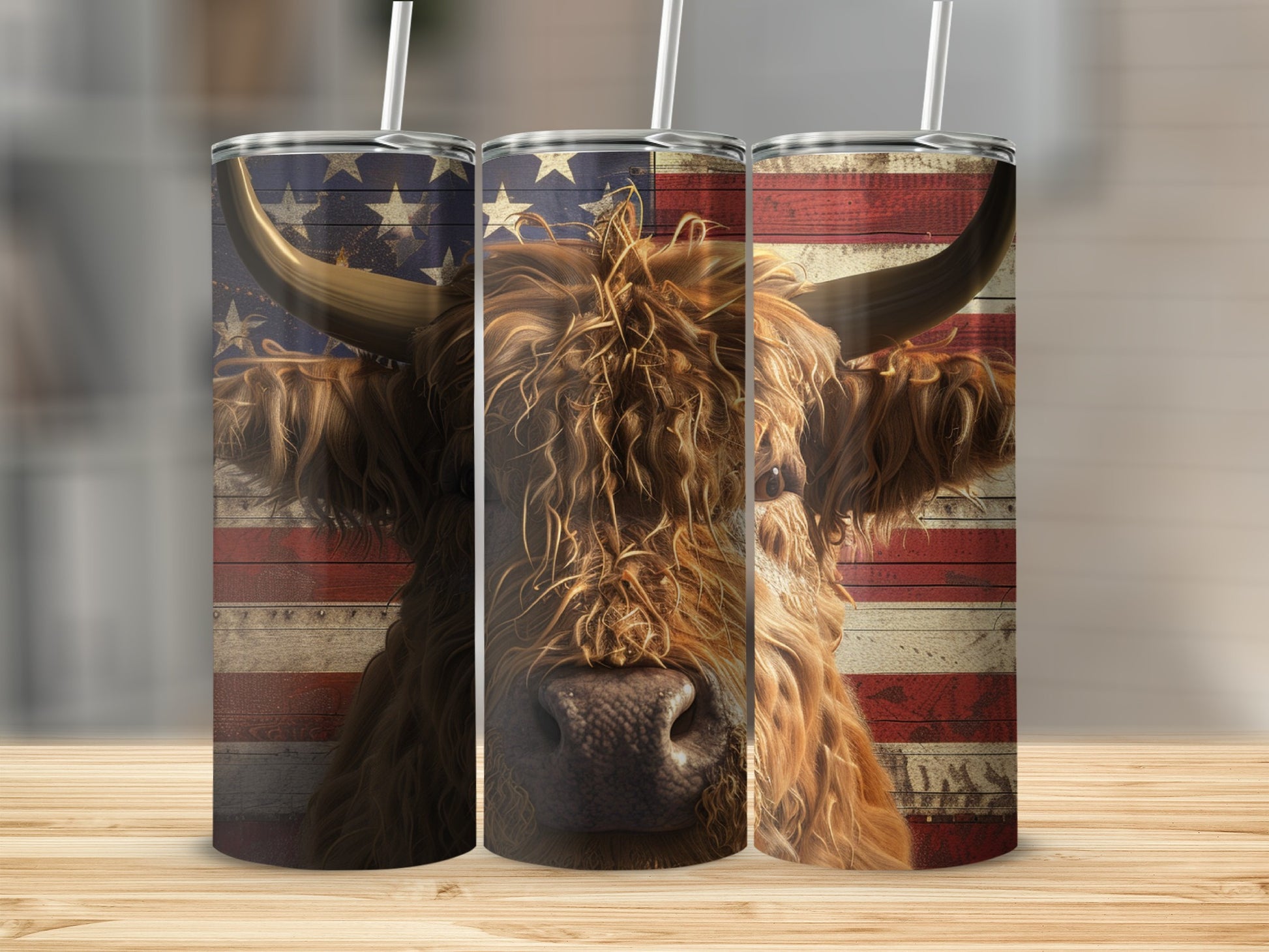 Highland cow against a distressed American flag background on a tumbler.