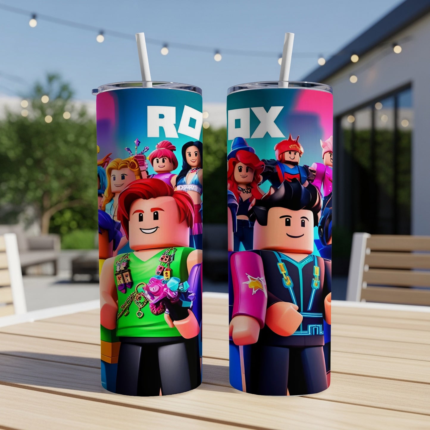 Roblox characters on blue and pink tumblers with Roblox logo.