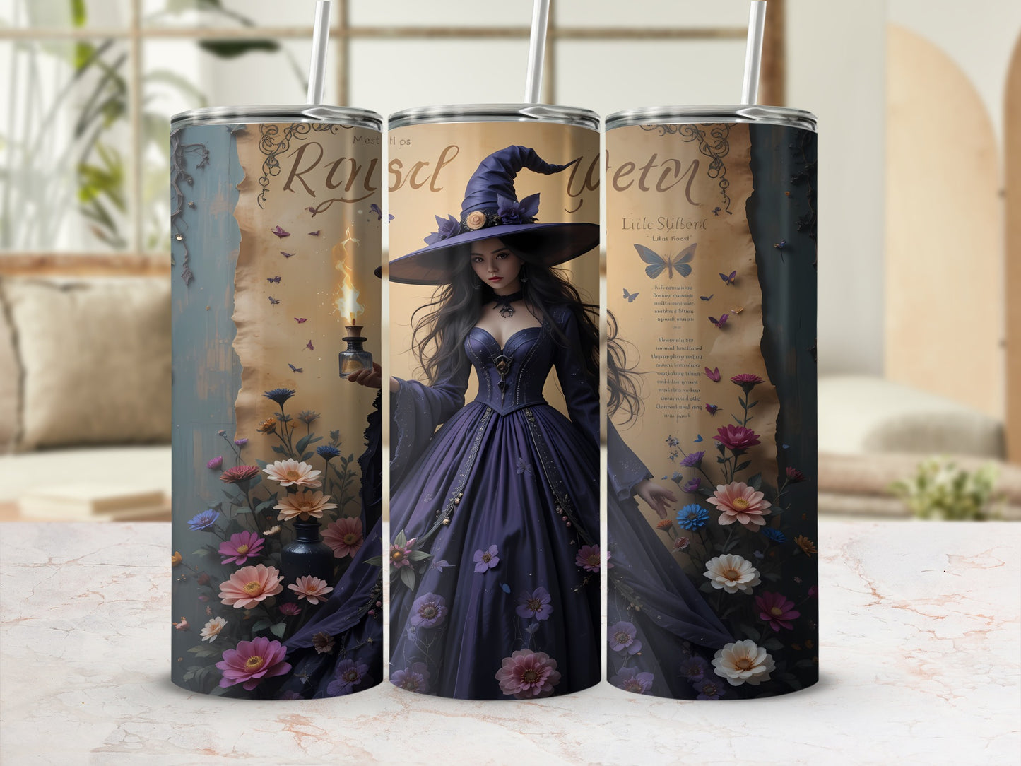 Witch with a large hat holding a candle among flowers and butterflies.