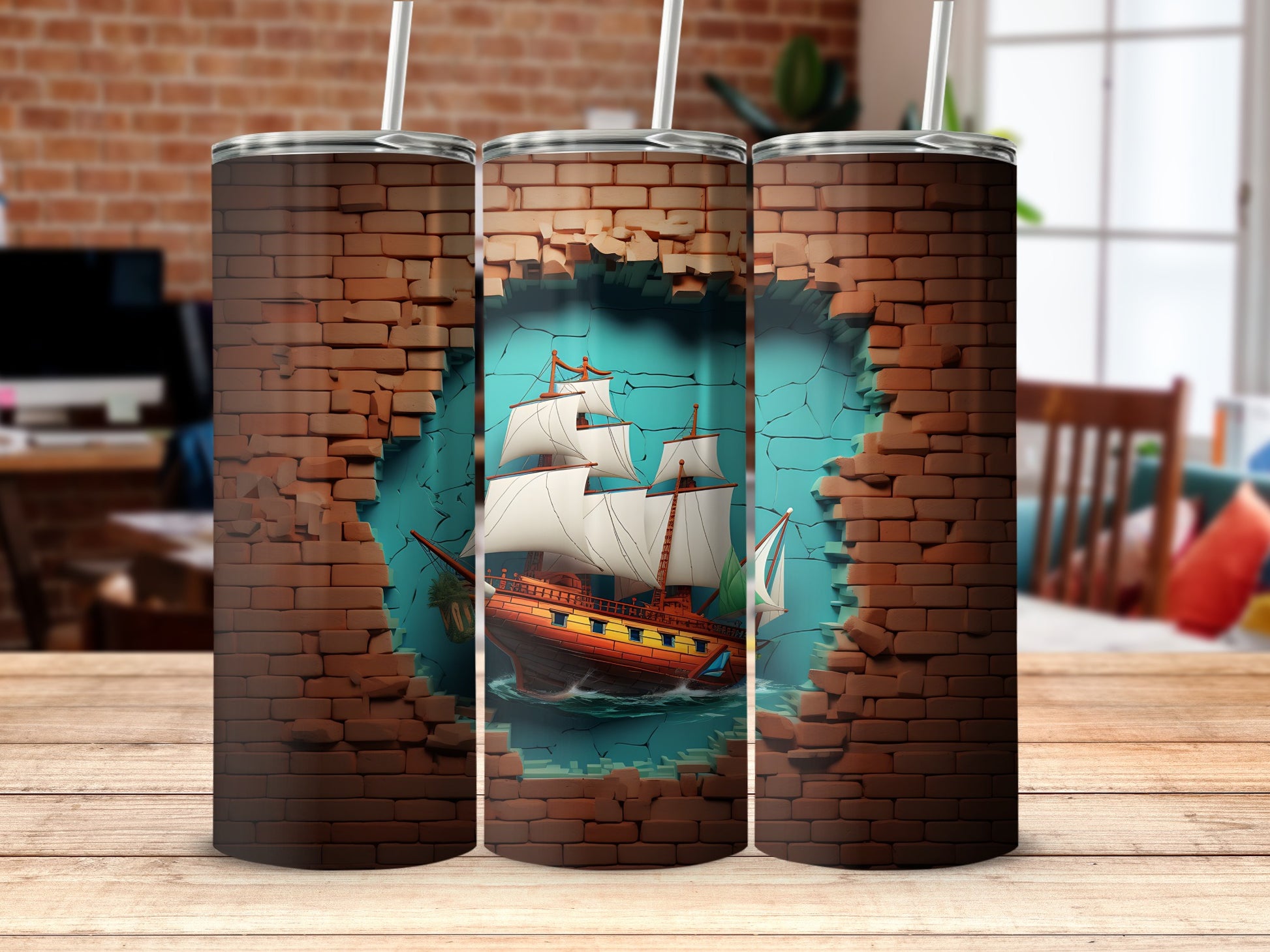 Vintage Ship Breaking Through Brick Wall Design Tumbler